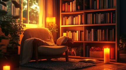 Cozy Reading Nook with Bookshelf, Armchair, and Candlelight