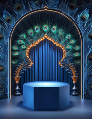 Blue Luxury Diwali Peacock product display podium concept, luxury Indian cosmetic product display podium on gorgeous peacock feathers blue backgrounds, product showcase mock up with copy space, Diwali