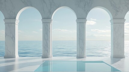 Serene Architectural Pool View with Marble Columns and Endless Ocean Horizon Under a Soft Blue Sky for Tranquil Vacation or Spa Theme Imagery