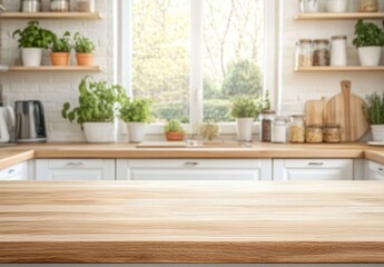Modern Bright Kitchen Interior with Wooden Countertop and Greenery Outside