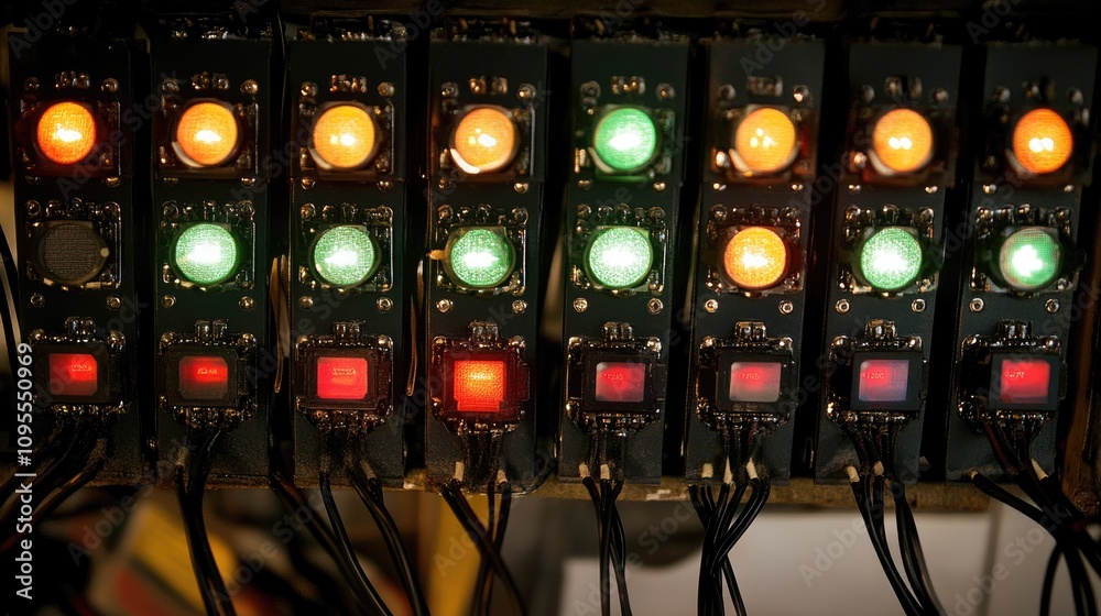Poster control panel with colorful indicator lights displaying operational status in a modern industrial se