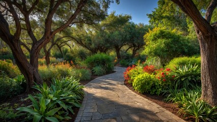 Fototapeta premium A serene garden path surrounded by lush greenery and vibrant flowers.