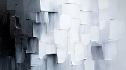 A monochromatic abstract painting featuring layers of textured brushstrokes, creating a sense of depth and movement in shades of black and white.