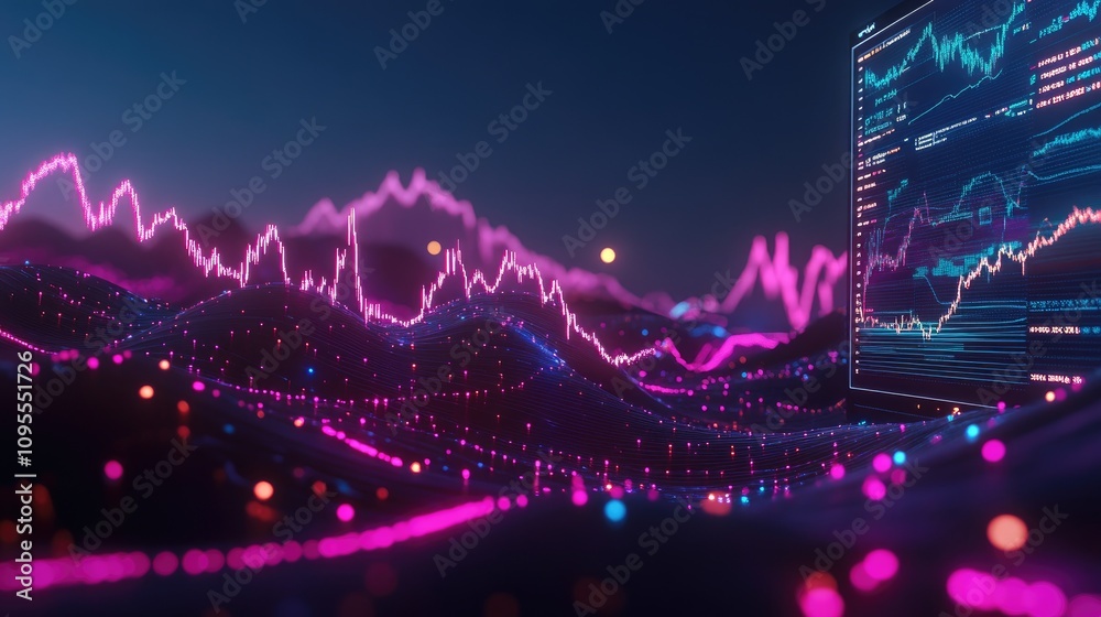 Poster abstract financial data visualization with colorful wave patterns, graphs and trading information on