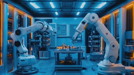 Fototapeta premium Advanced Robotic Arms Collaborating in a High-Tech Manufacturing Laboratory with Neon Lighting and Sophisticated Machinery in a Futuristic Environment