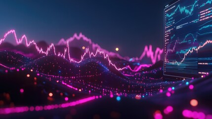 Abstract Financial Data Visualization with Colorful Wave Patterns, Graphs and Trading Information on a Digital Interface against a Dark Background