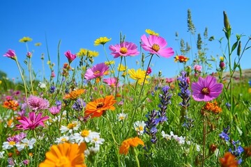 Obraz premium Blumenwiese in voller Blüte mit bunten Sommerblumen und klarem Himmel