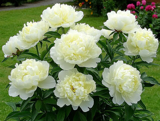Obraz premium Luxurious pastel peonies in full bloom, impeccably ruffled, create stunning floral display in vibrant garden setting, evoking sense of tranquility and beauty