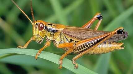 Fototapeta premium Close-Up of a Vibrant Grasshopper on Green Grass, Showcasing Intricate Patterns and Textures of Nature's Insect Life in a Lush Natural Environment