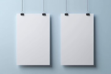 Blank White Hanging Poster Mockup with Paperclips on Soft Blue Background Clean Minimalist Design