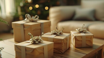Beautifully Wrapped Christmas Gifts On Wooden Table