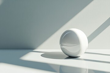 Minimalist white sphere casting shadows on a surface under soft natural light in a serene setting. Generative AI