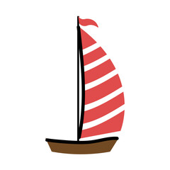 A simple illustration of a sailboat with red and white sails. Doodle ship.