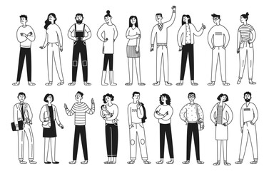 Set of doodle funny characters, diversity people in different activities. Businessmen, office workers, woman with baby. Man and woman. Vector illustration