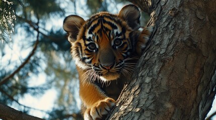 Playful Young Tiger Climbing a Tree and Peering Down with Intense Curiosity, Showcasing Its Striking Orange and Black Stripes in a Natural Forest Environment