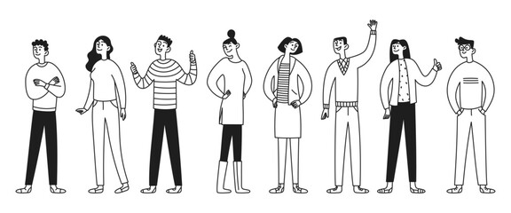 Set of doodle funny characters, diversity people. Man and woman, full growth. Black and white style vector