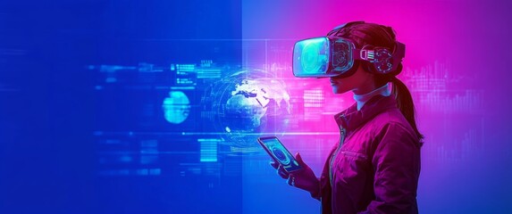 Asian woman with VR headset in futuristic neon light exploring digital world