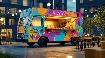 Vibrant food truck mockup in modern urban setting with bright graffiti art concept