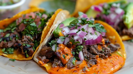 Tacos with tortillas dyed in bright colors, filled with fresh ingredients such as avocado, meat, red onion and sauce