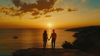 Fototapeta premium Romantic Sunset with Silhouetted Couple Holding Hands Overlooking Ocean Waves and Colorful Sky, Capturing Moments of Love and Serenity on a Beautiful Evening