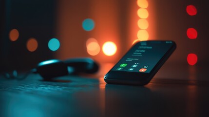 Close-up View of Smartphone on Table with Notification Screen Displaying Call, Blurred Background of Colorful Lights in Orange and Blue Shades