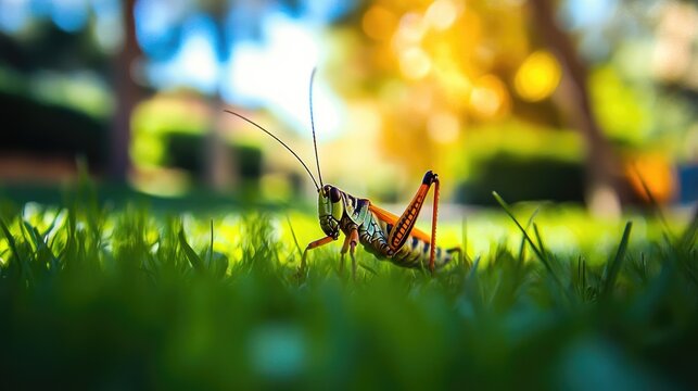 Close-up of a Colorful Grasshopper Sitting on Lush Green Grass with Blurred Background of Trees and Golden Light, Symbolizing Nature's Vibrancy and Intricacies