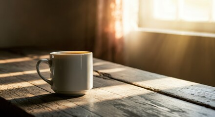 Obraz premium Morning coffee on a rustic wooden table with sunlight streaming through the window