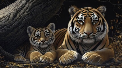A Majestic Tiger and Its Cub Resting Together in Their Natural Habitat Amidst Lush Foliage Enveloped in a Serene and Mysterious Atmosphere of the Jungle