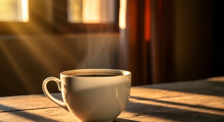 Fototapeta premium Morning coffee on a rustic wooden table with sunlight streaming through the window