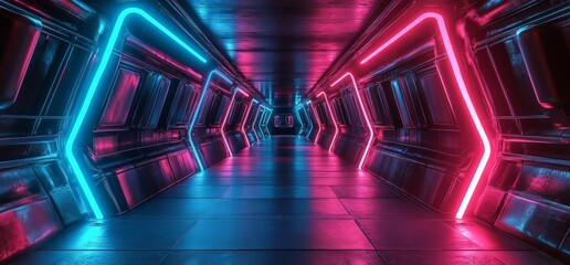 Futuristic neon-lit corridor in space station with blue pink lights and metallic design