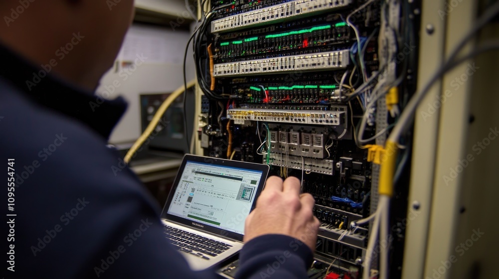 Poster technician working on server rack with computer in data center, managing network connections and mai