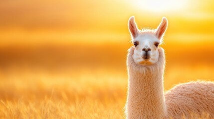 Obraz premium National Llama Day, a llama standing gracefully in a golden field at sunrise with mountains in the background.