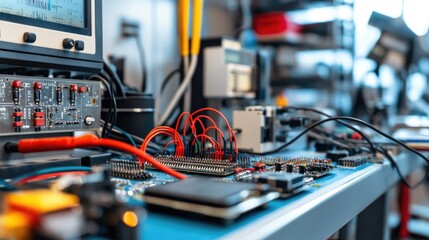 Detailed Close-Up of Electric Circuit Board with Colorful Wires and Instruments at Modern Laboratory Workbench for High-Tech Research and Development Projects