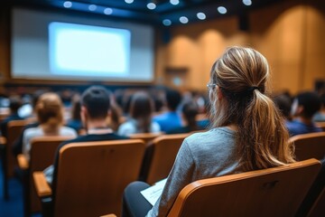 Woman Presenting at Business Conference in Lecture Hall with Students in Attendance