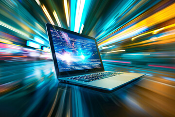 A sleek laptop emits vibrant blue and green light, surrounded by dynamic motion blur, symbolizing fast-paced technology and innovation.
