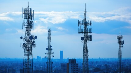 Communication Towers Against Blue Sky in Urban Landscape, Showcasing Telecommunications Infrastructure and Modern City Development with Cloudy Atmosphere