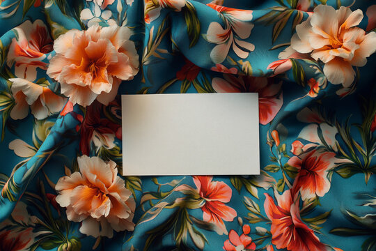Blank card rests on teal fabric adorned with vibrant orange and red floral pattern. Perfect for invitations or announcements.