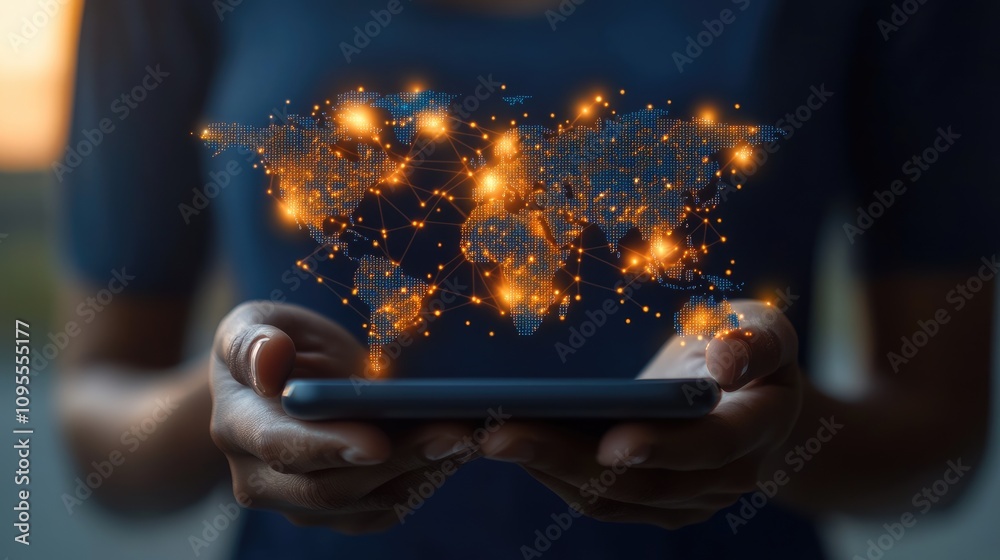 Poster hands holding smartphone with illuminated global network map displaying connectivity and technology 
