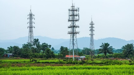 Obraz premium Communication Towers Surrounded by Lush Green Fields and Mountains Under Overcast Sky in Rural Area for Technological and Nature Concepts