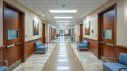 Modern Hospital Hallway with Clean Design, Wooden Doors, Blue Chairs, and Bright Overhead Lighting in a Calm Healthcare Setting