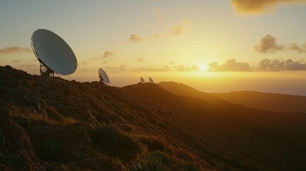 Sunset Over Mountainous Landscape with Satellite Dishes, Communication Technology and Natural Scenery in the Background