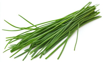 A fresh bunch of chives with its slender green stems and mild onion flavor, Each stem&rsquo;s bright color and subtle imperfections captured with precision