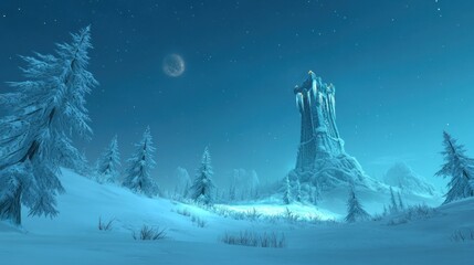 Naklejka premium A serene winter landscape featuring a tall, icy tower under a starry night sky.