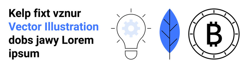 Light bulb with gear, blue leaf, Bitcoin coin symbol, and placeholder text Kelp fixt vznur, Vector Illustration, dobs jawy Lorem ipsum. Ideal for innovation, nature, cryptocurrency, templates