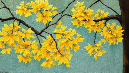 Obraz premium Ginkgo Biloba . Oil painting. Pattern for printing on wall decorations, covers, leaflets, business cards