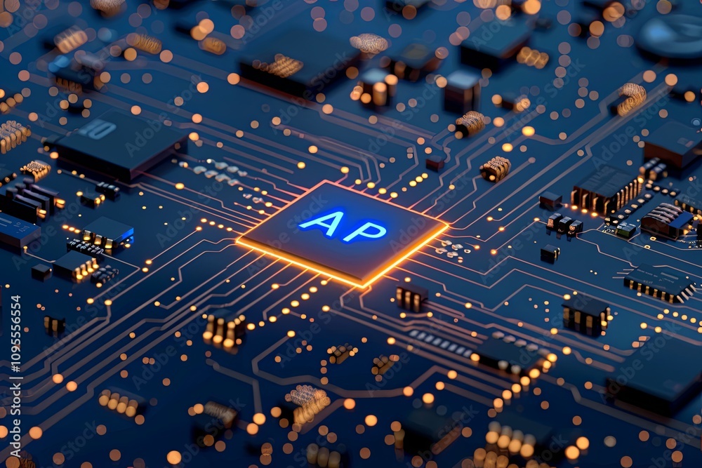 Poster close-up view of a computer chip with illuminated circuitry and ap symbol during late night. generat
