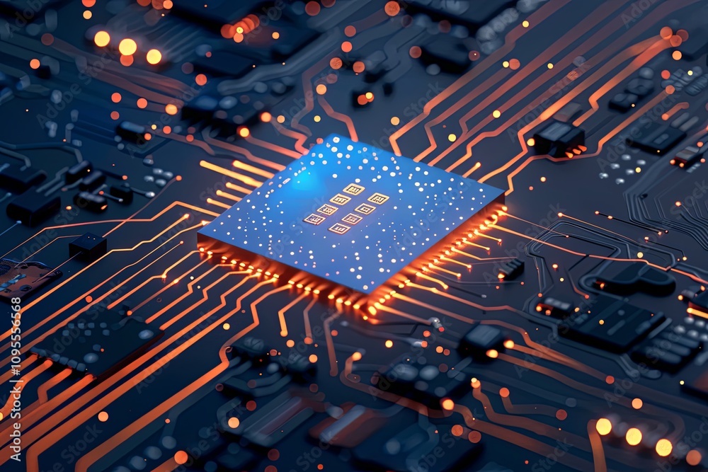 Poster Advanced microchip design with intricate circuit board patterns and glowing connections in modern technology. Generative AI