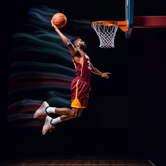 A basketball player performing a dynamic slam dunk, showcasing athleticism and energy. Ideal for sports marketing, gym promotions, team branding, and motivational materials, copy space, blank