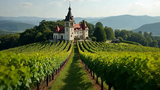 French chateau surrounded by vineyards