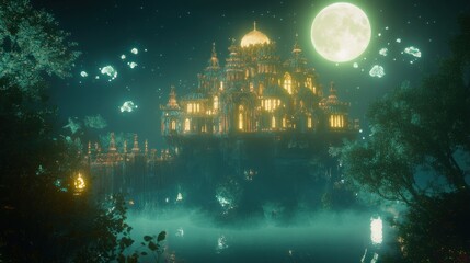 Obraz premium A mystical palace illuminated by moonlight, surrounded by water and ethereal lights.